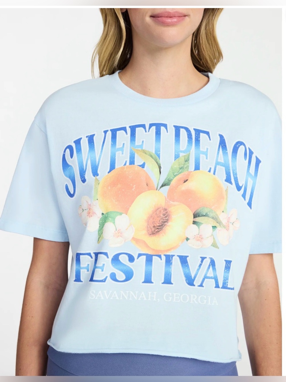 (245)Sweet Peach Festival Light Blue Graphic Crop Tee